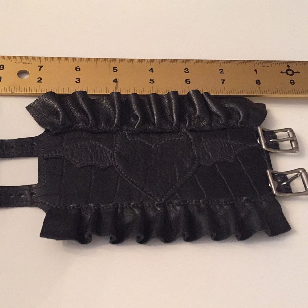 Croc leather wrist cuff devil heart bat wings